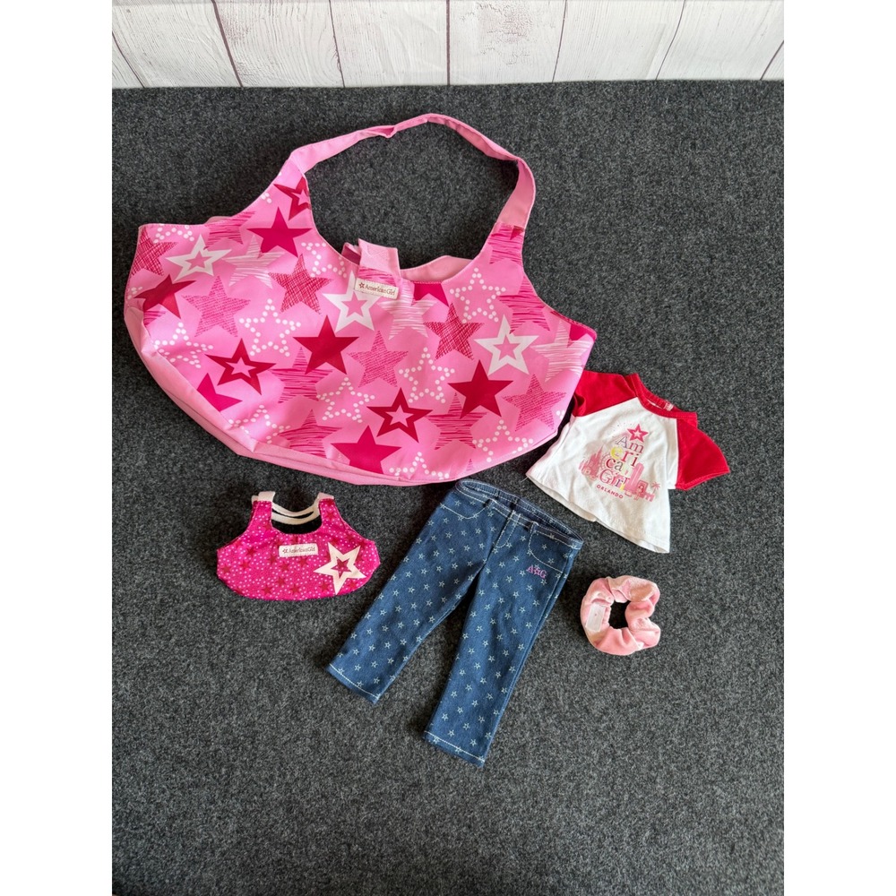 American Girl Doll Clothes Set Pink Star Tote Bag Orlando Shirt Jeans Scrunchie